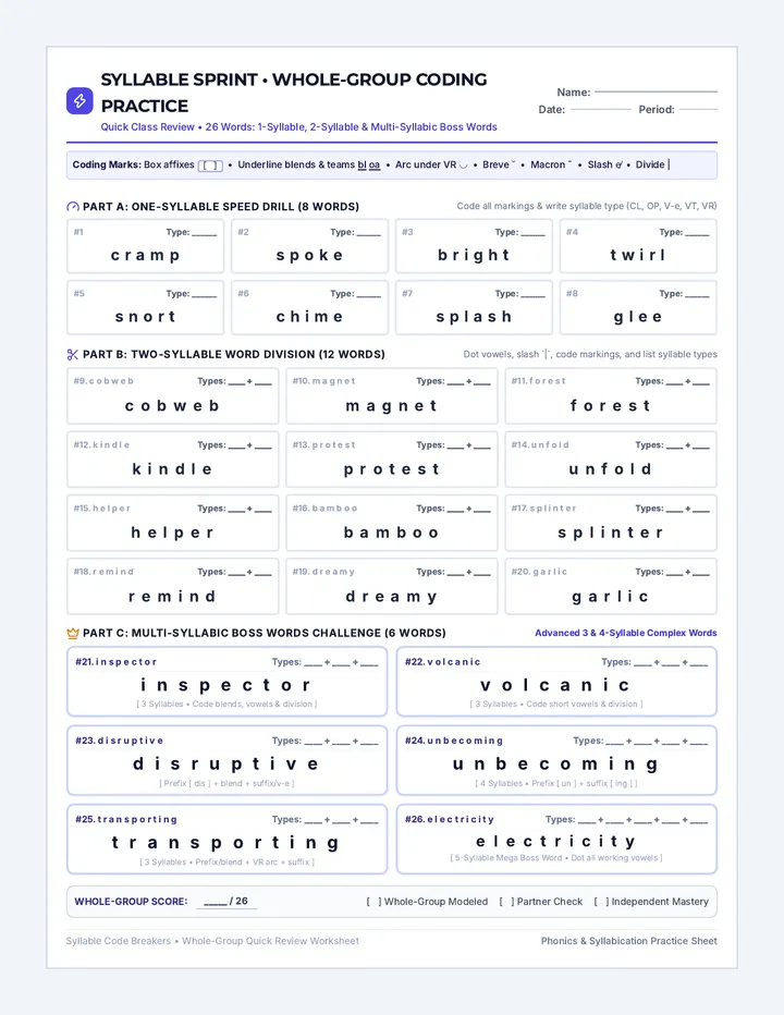 Syllable Sprint Review Worksheet