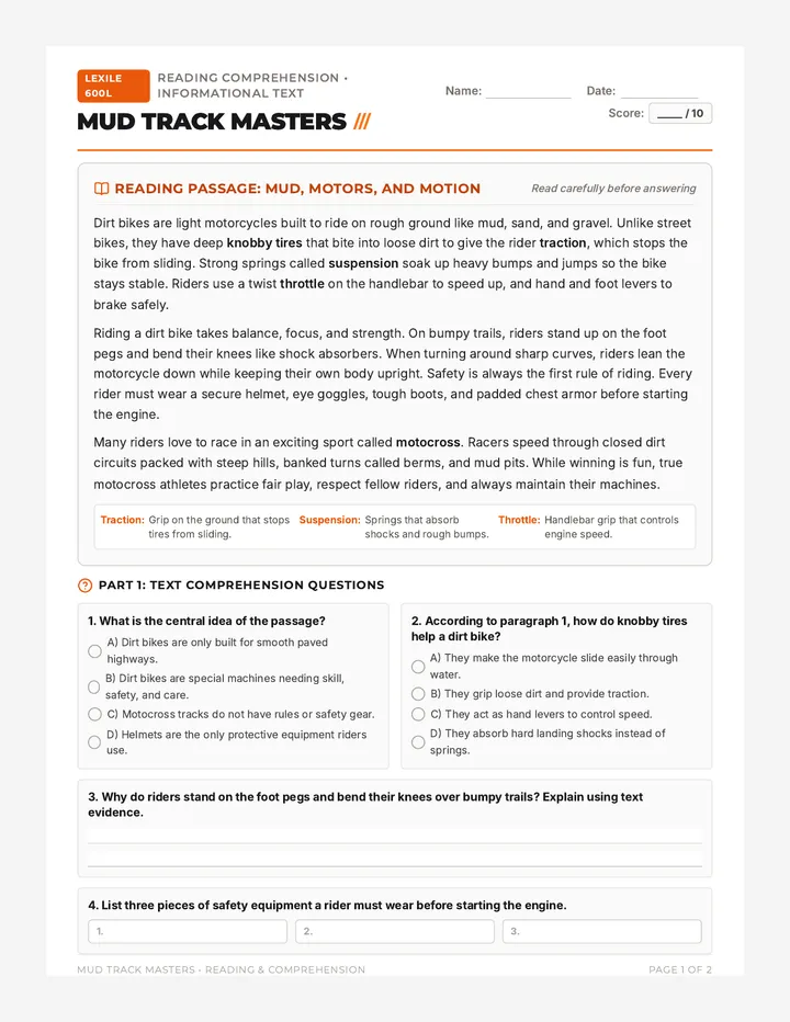 Mud Track Masters Worksheet