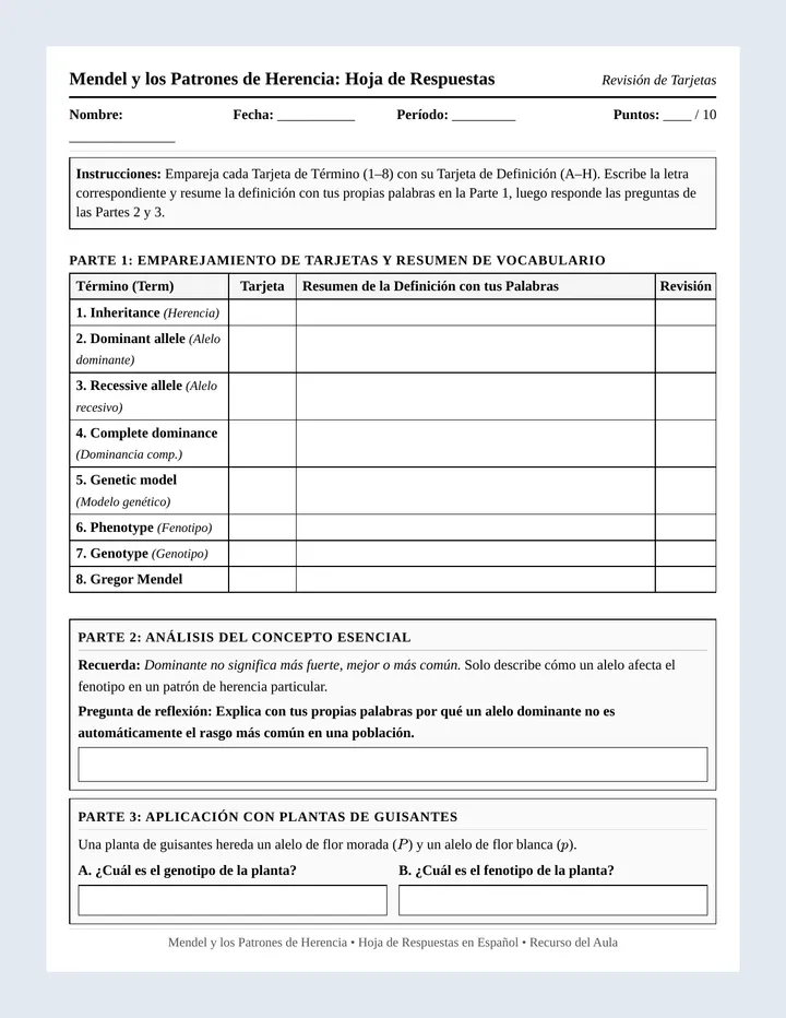 Mendel Inheritance Spanish Response Sheet