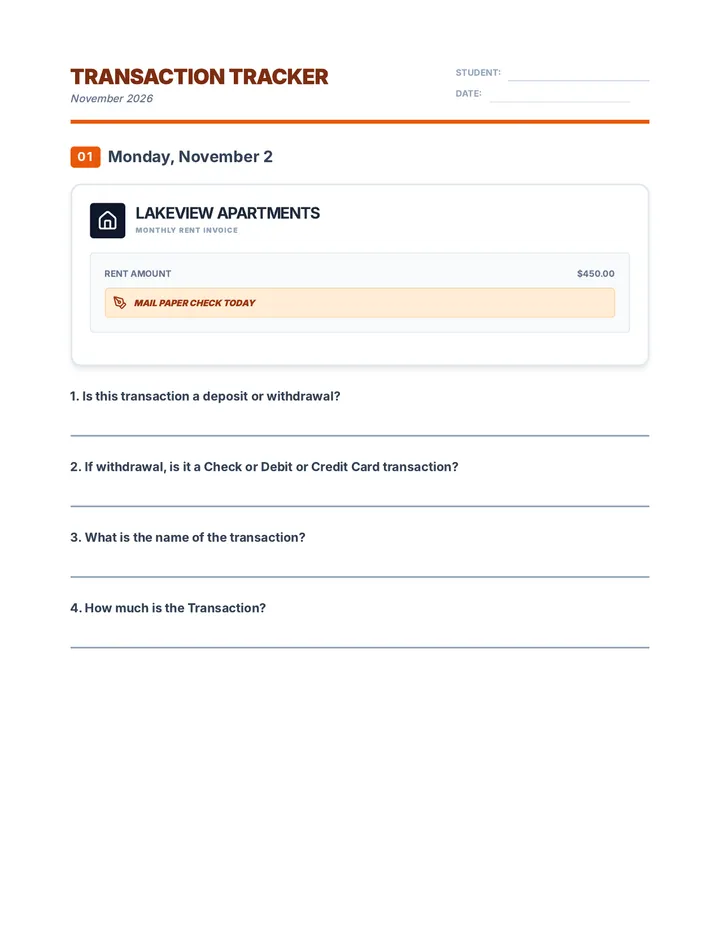 November Transaction Tracker Worksheet