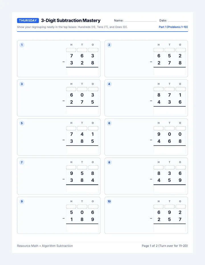 Thursday Subtraction Worksheet