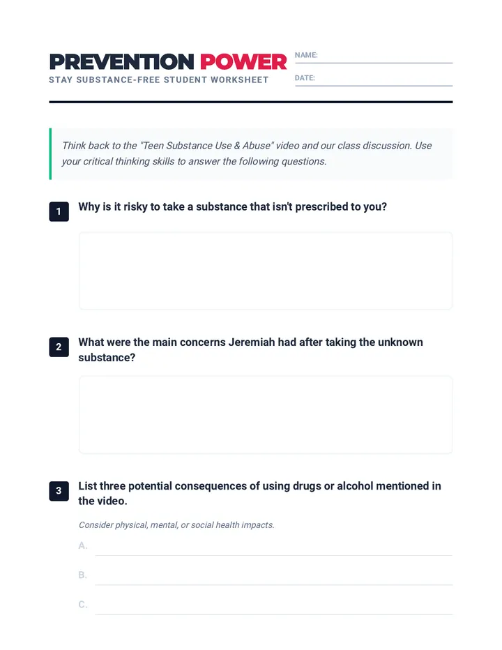 Stay Substance Free Worksheet