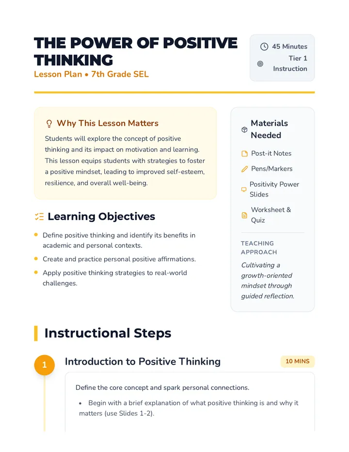 Positive Thinking Lesson Plan