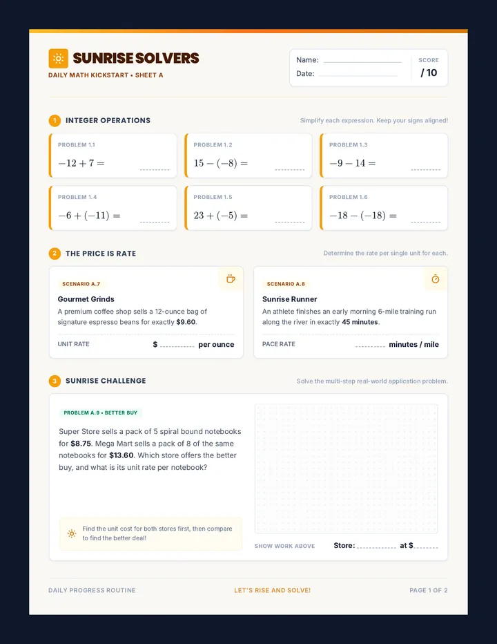 Sunrise Solvers Worksheet