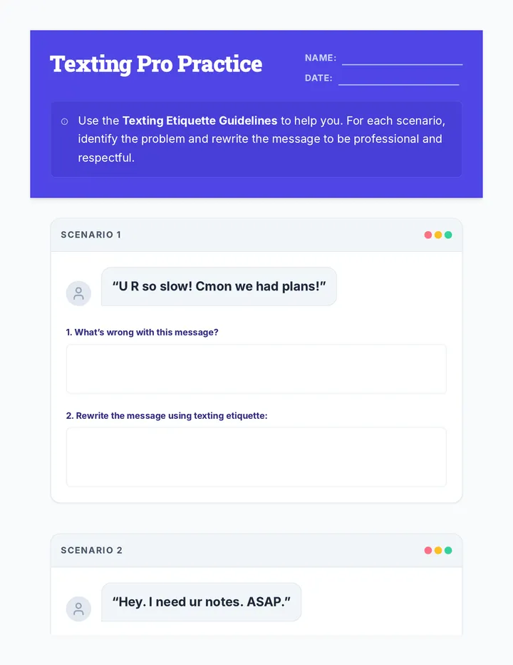 Texting Etiquette Scenarios Worksheet