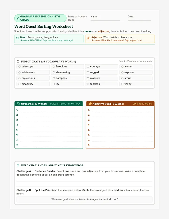 Word Quest Sorting Worksheet