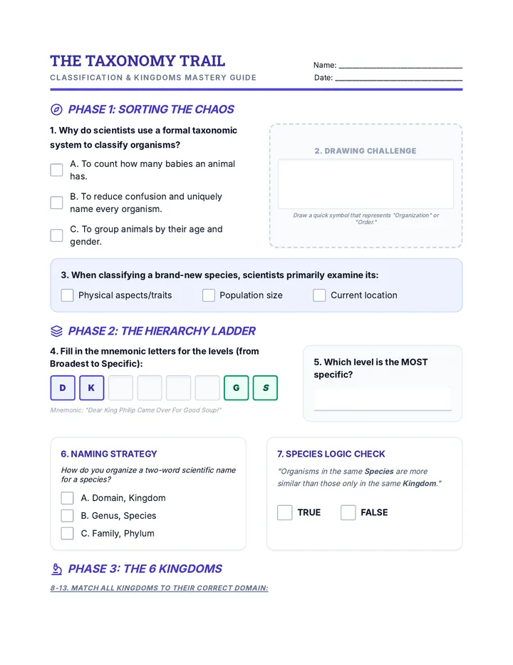 Classification Mastery Worksheet