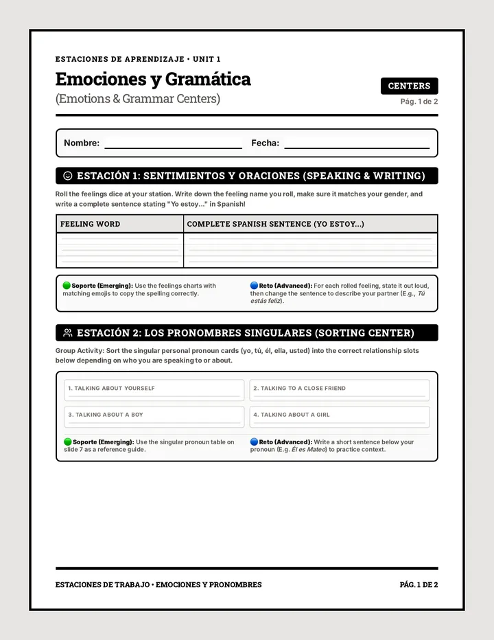 Emotions & Grammar Stations Worksheet