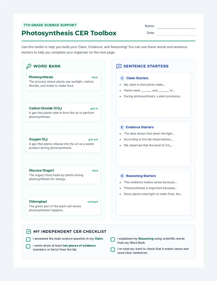 Photosynthesis CER Scaffolded Worksheet
