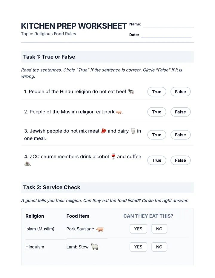 Kitchen Prep Worksheet