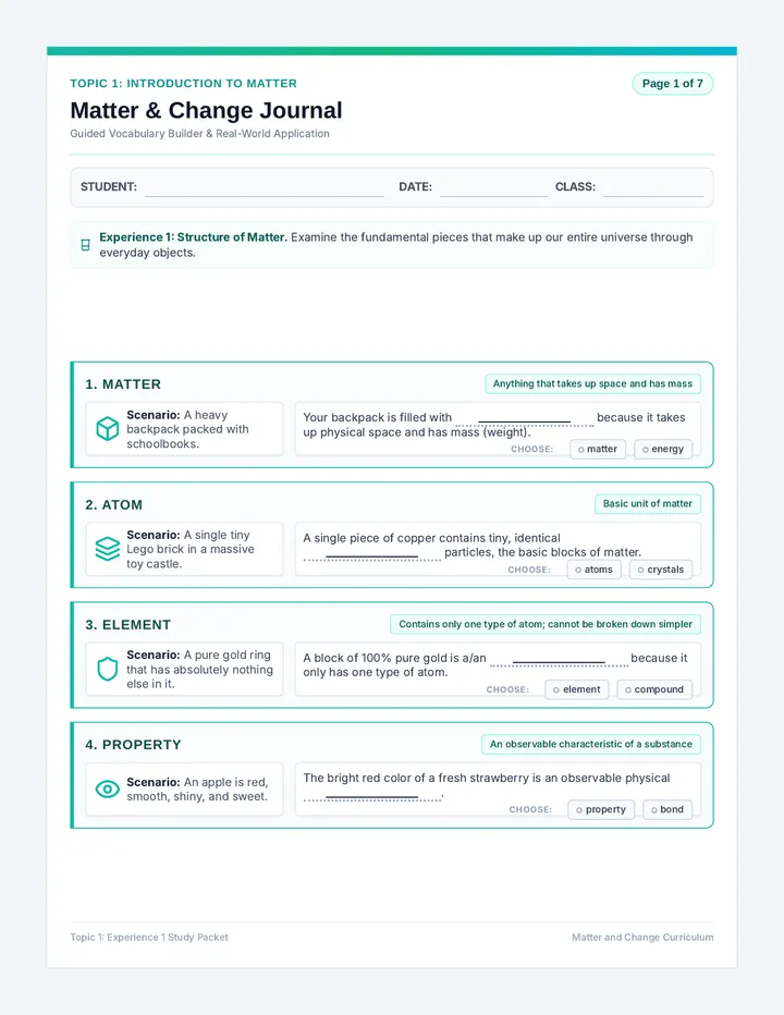 Matter and Change Vocabulary Booklet