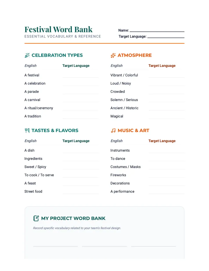 Festival Word Bank Reference