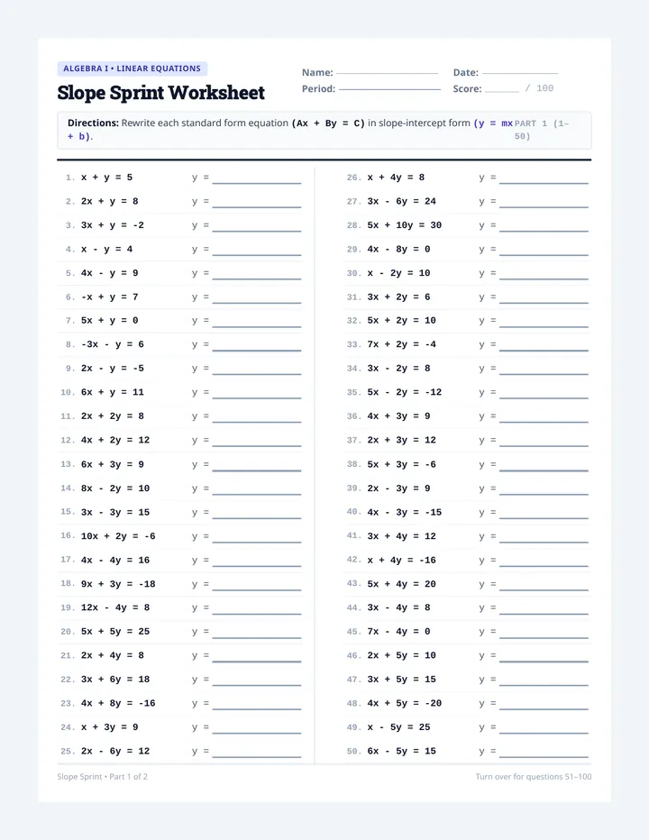 Slope Sprint Worksheet
