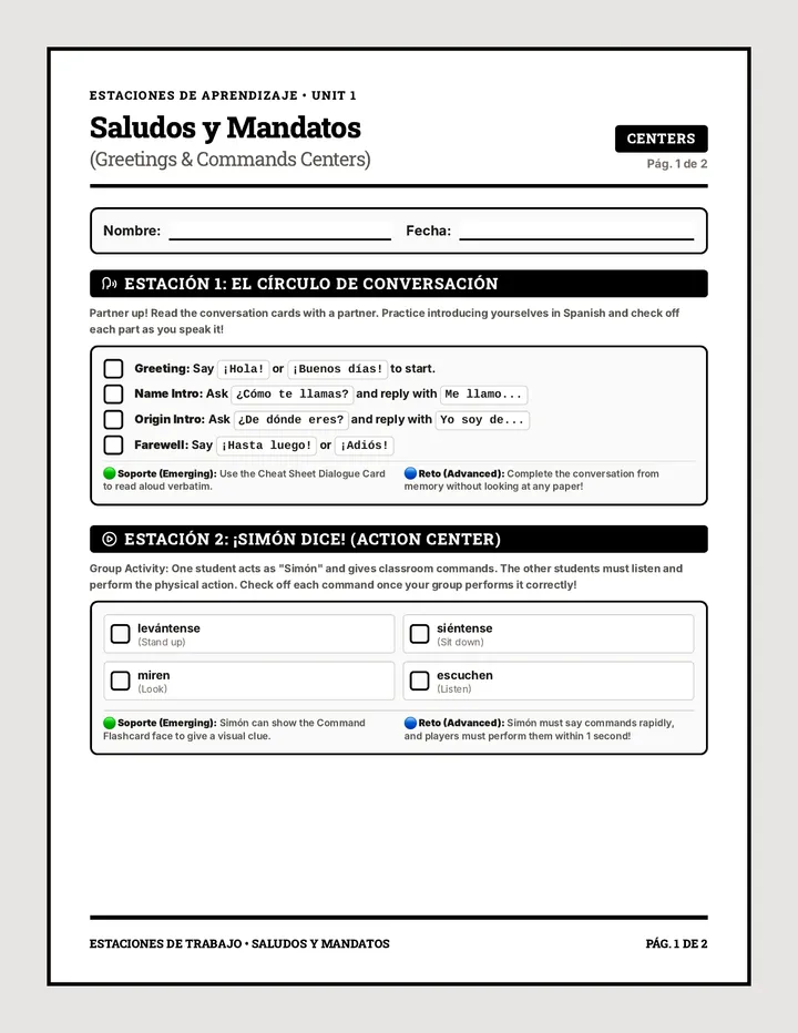 Greetings & Commands Station Worksheet
