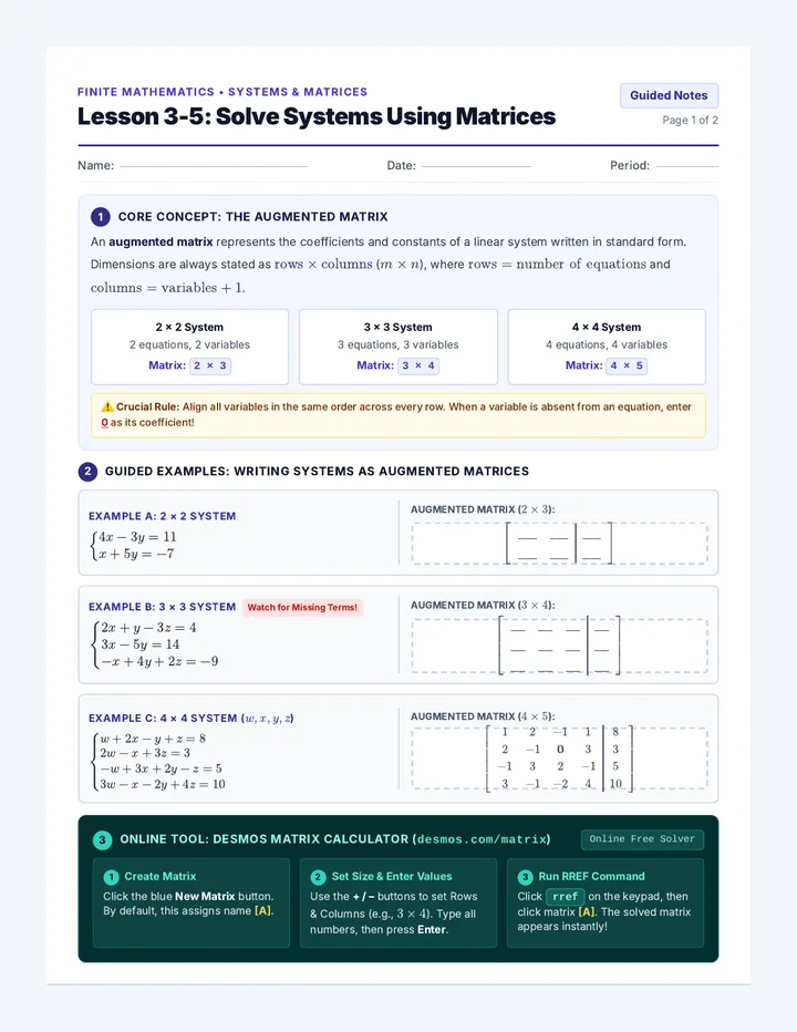 Lesson 3-5 Solve Systems Using Matrices Notes