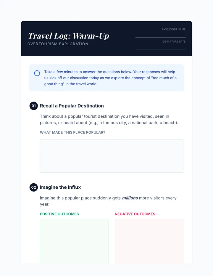 Overtourism Warm Up Worksheet