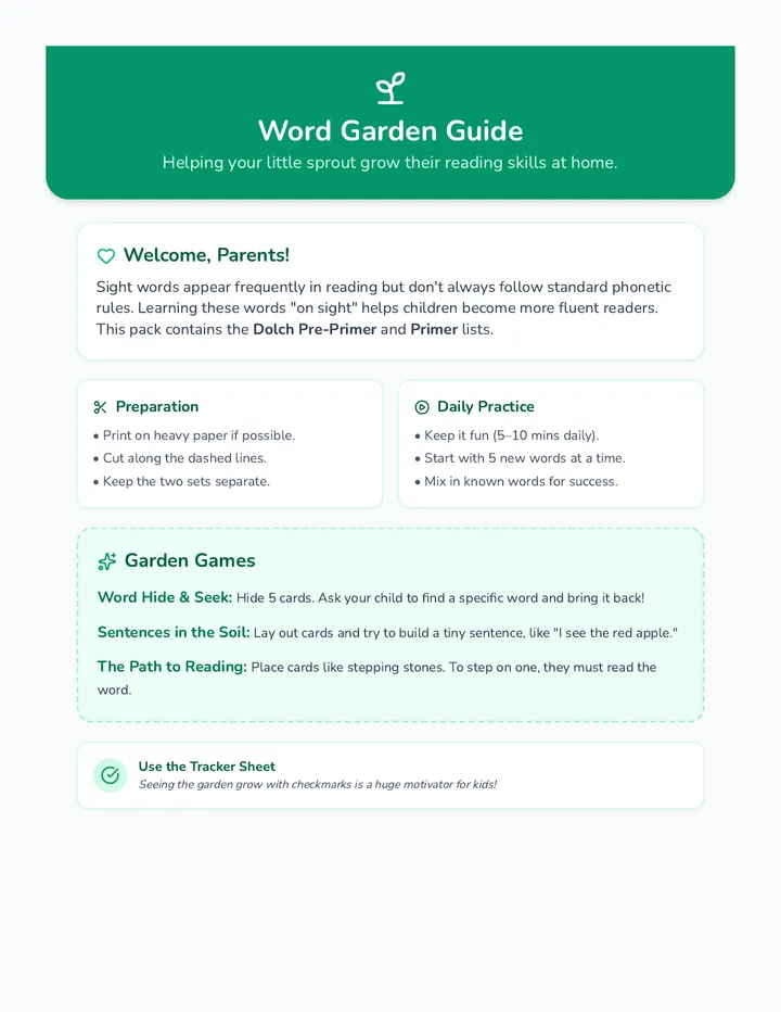 Word Garden Guide Sheet