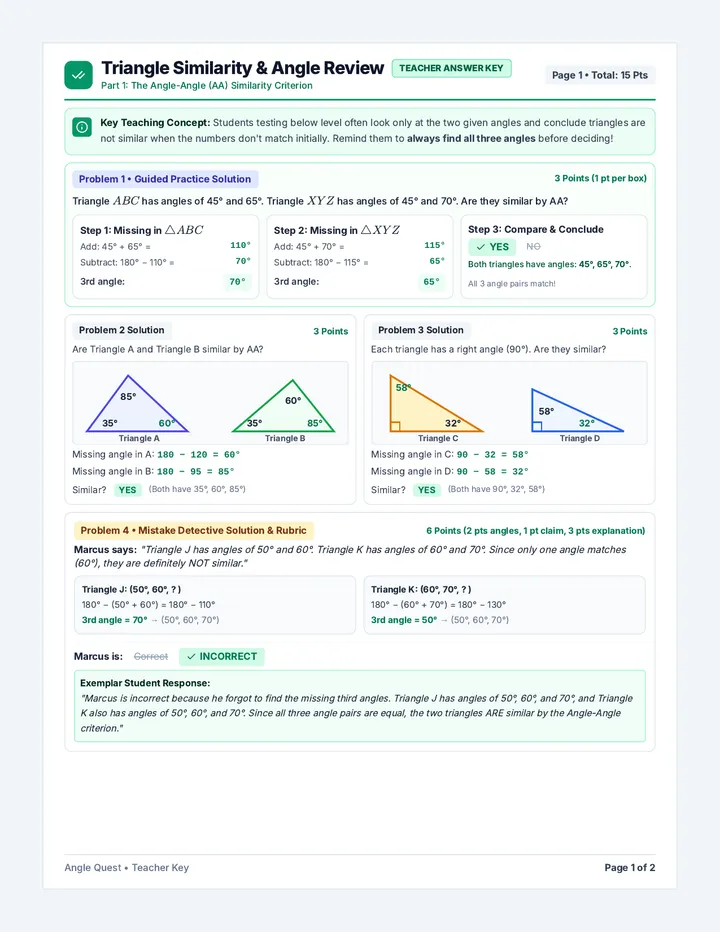 Triangle Similarity & Angle Review Answer Key
