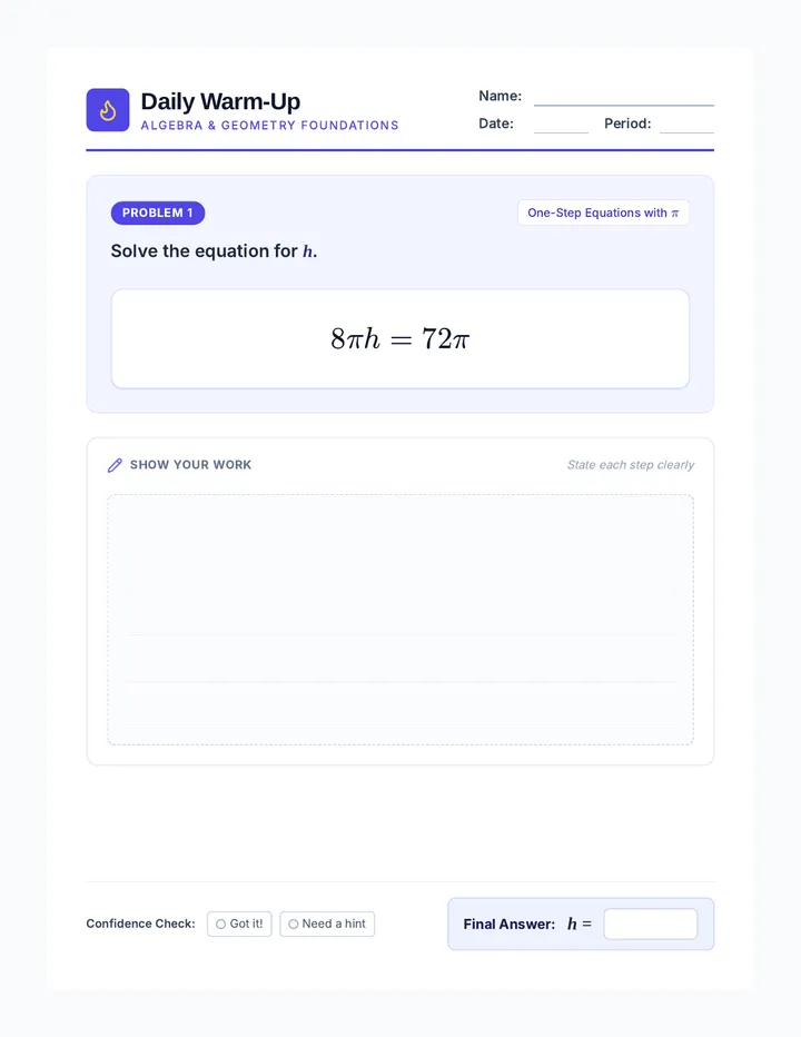 Equation Warm Up Slip