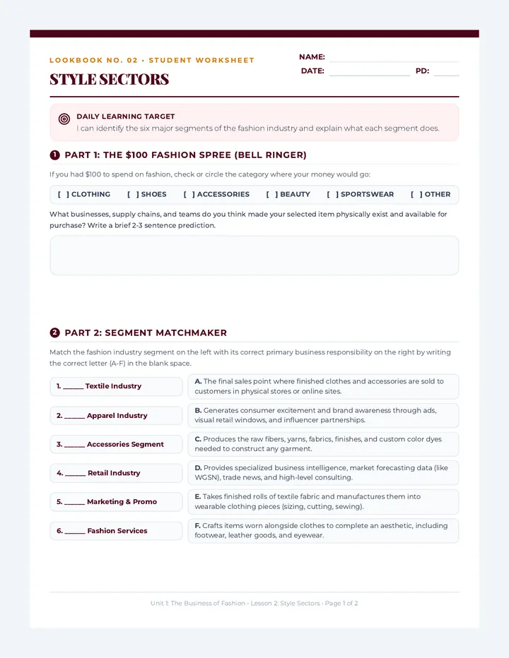 Style Sectors Worksheet
