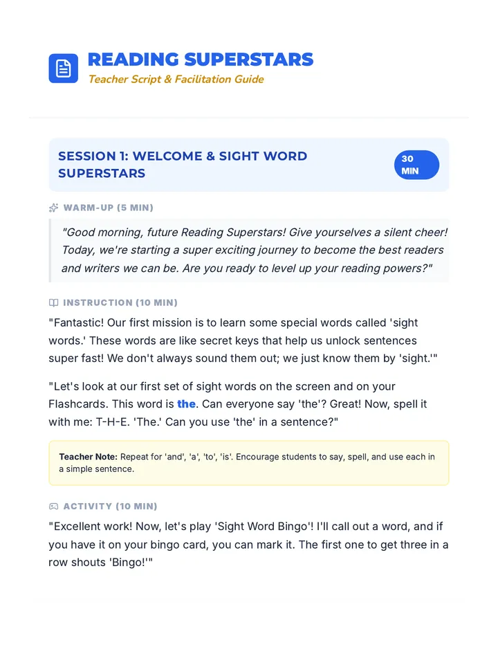 Reading Superstars Teacher Script