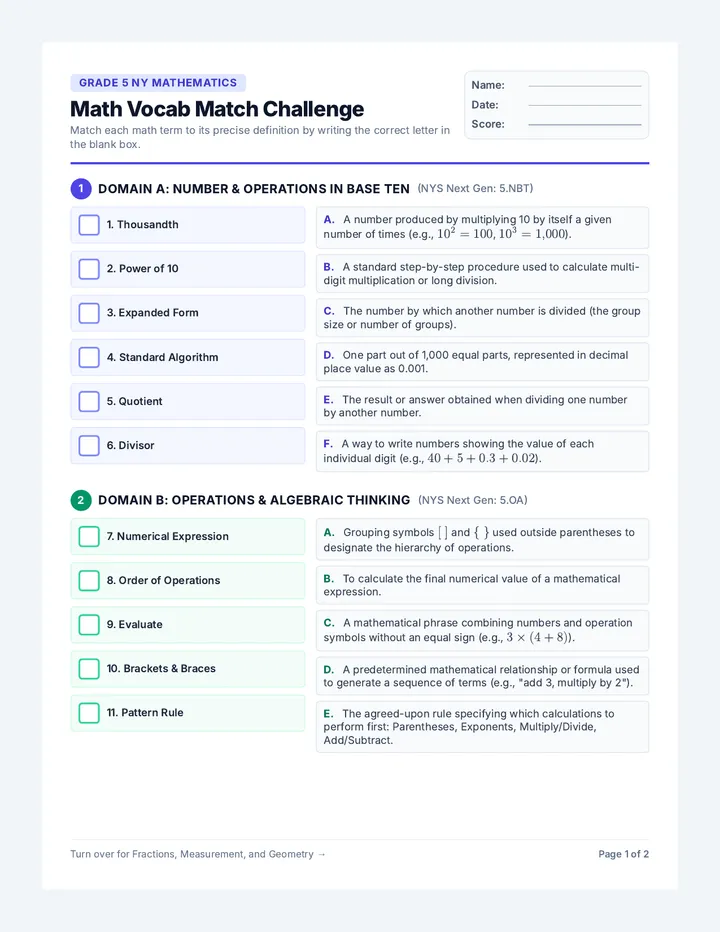 Math Vocab Match Worksheet
