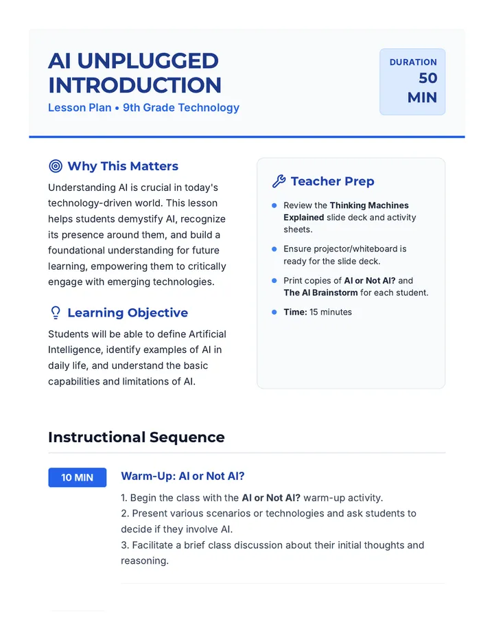 AI Unplugged Lesson Plan