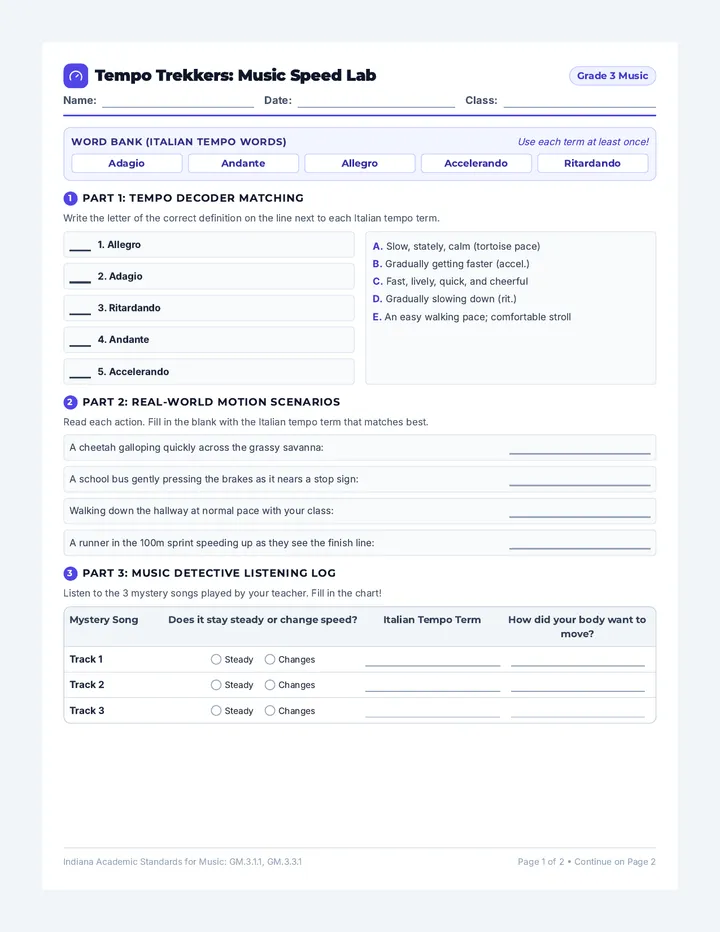 Tempo Trekkers Practice Sheet