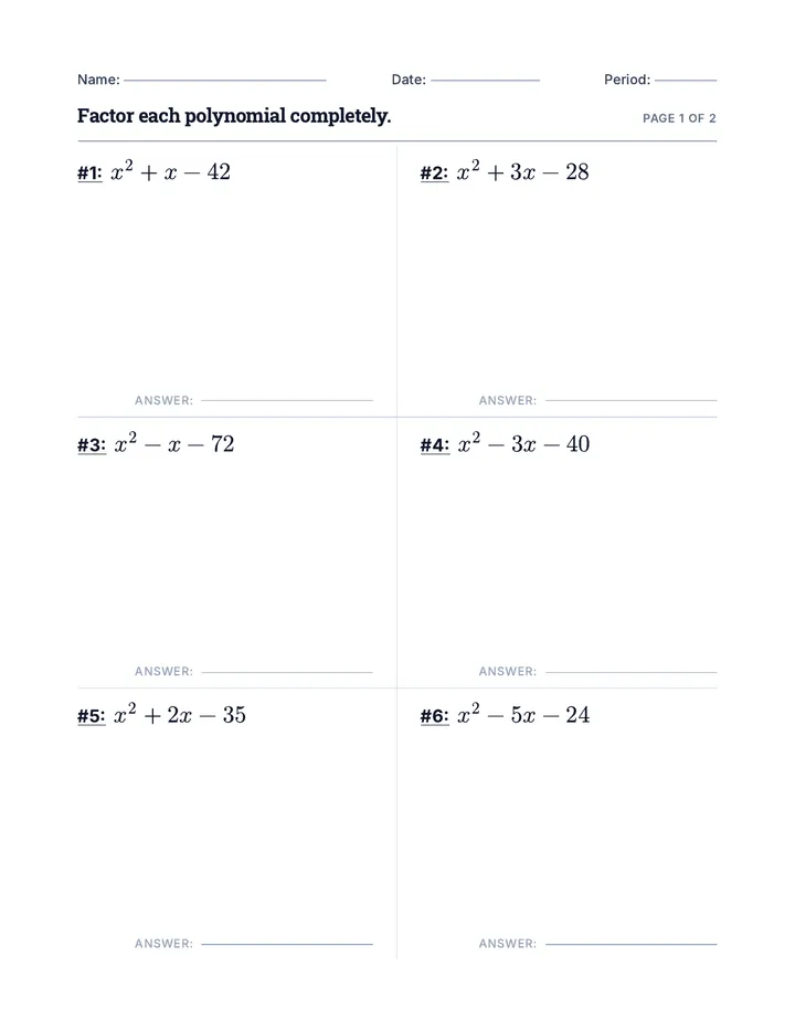 Factoring Quadratics Worksheet