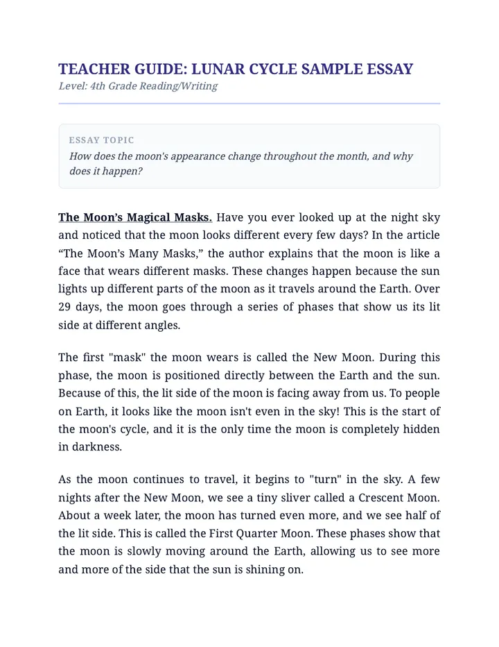 Lunar Cycle Sample Essay 4th Grade