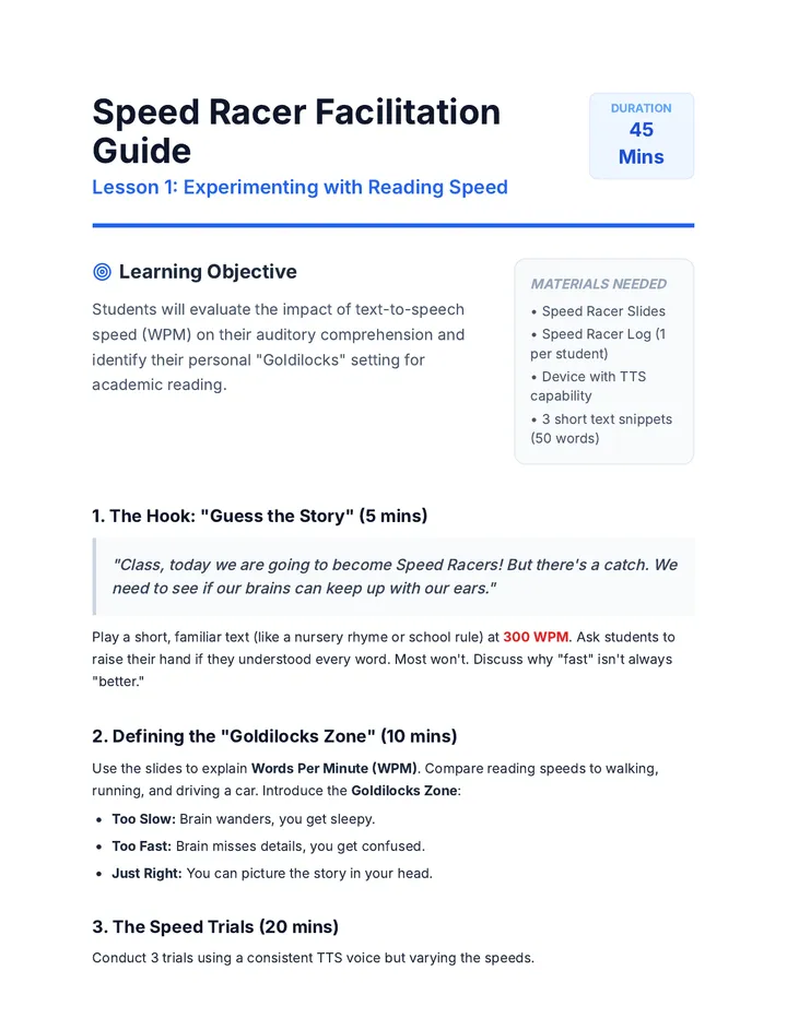 Speed Racer Teacher Guide