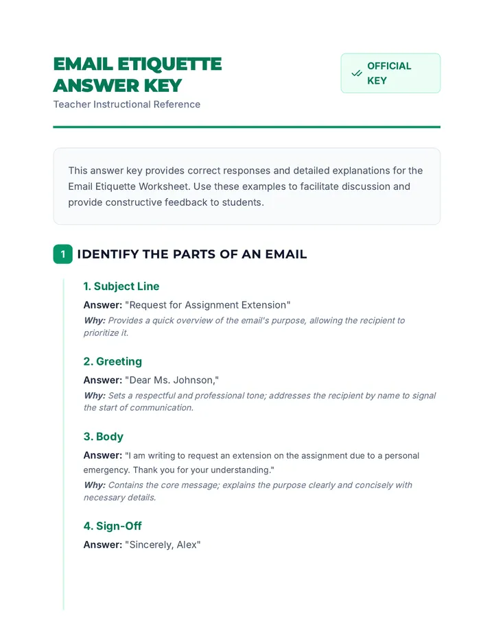 Email Etiquette Worksheet Answer Key