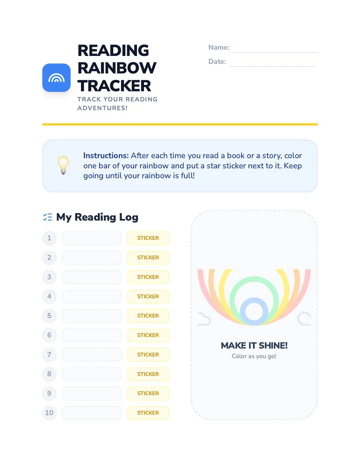 Reading Rainbow Tracker Template Worksheet