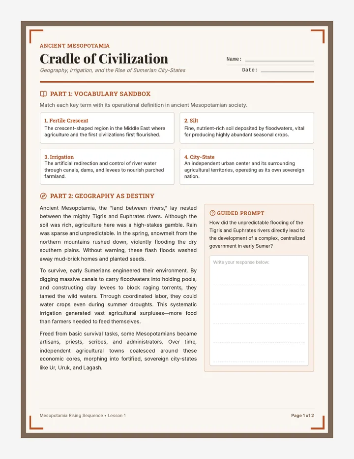 Sumerian City States Worksheet