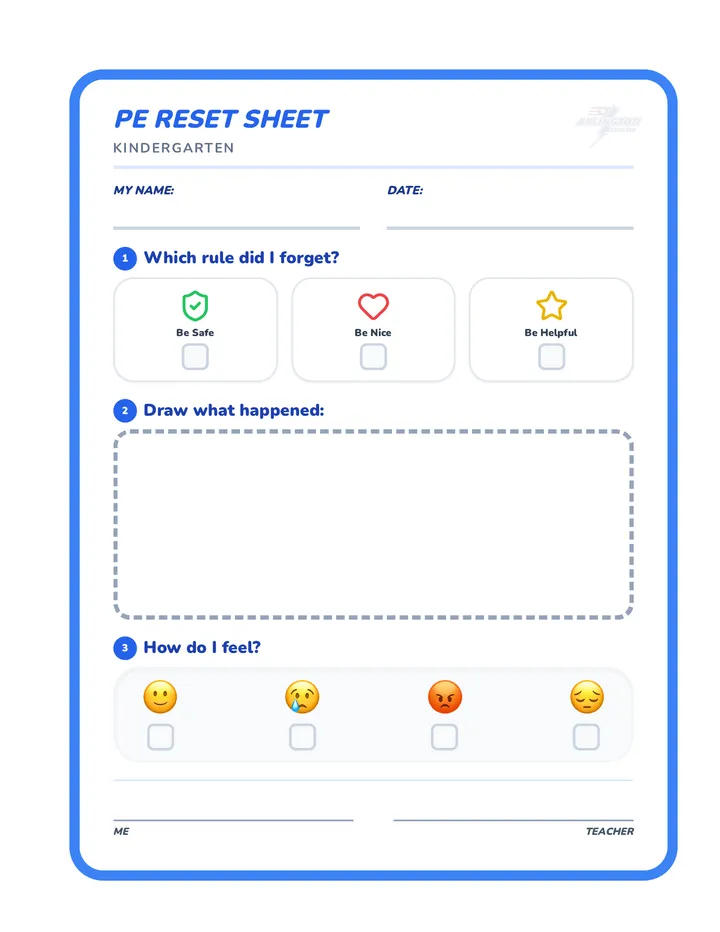 Kindergarten PE Reset Sheet