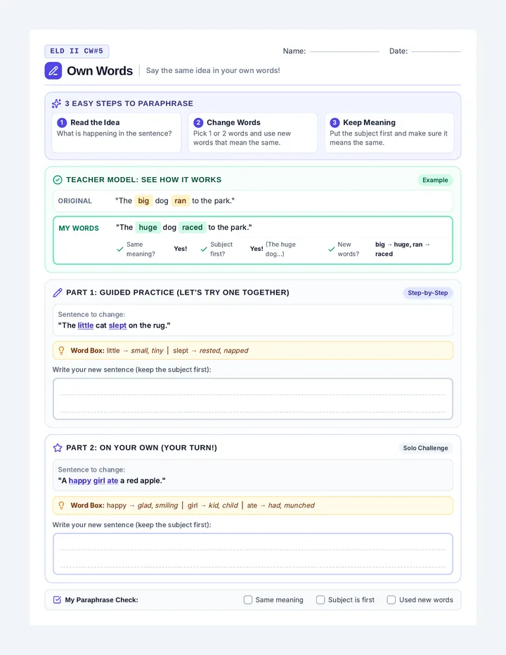 Own Words Worksheet