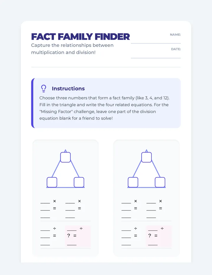 Fact Family Finder Worksheet