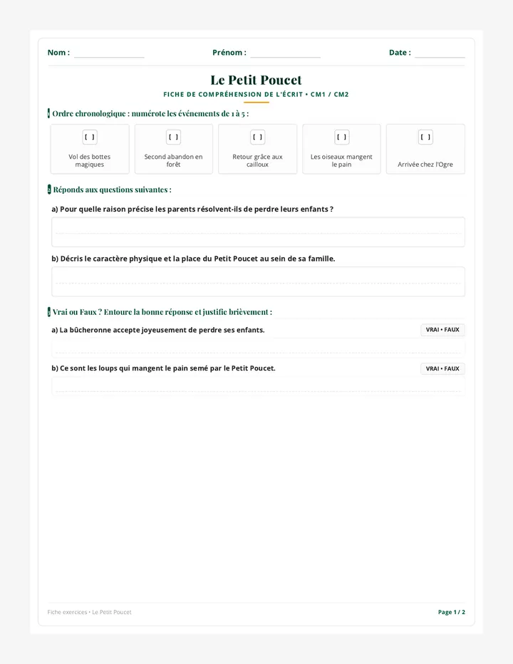 Petit Poucet Fiche Exercices