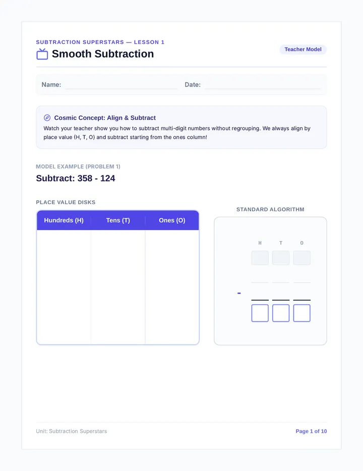 Smooth Subtraction Worksheet