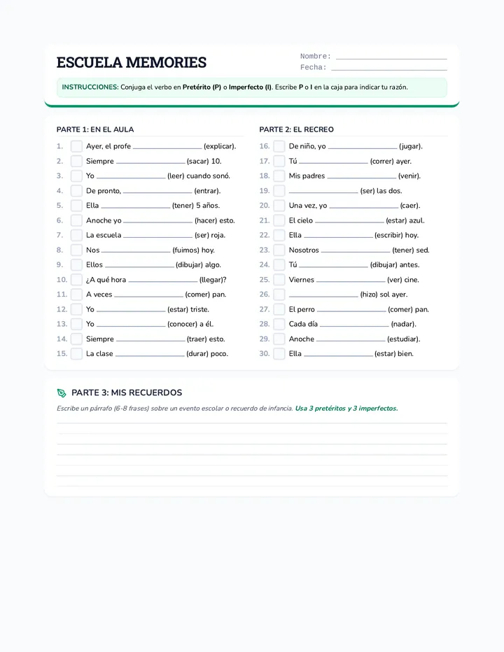 Escuela Memories Worksheet