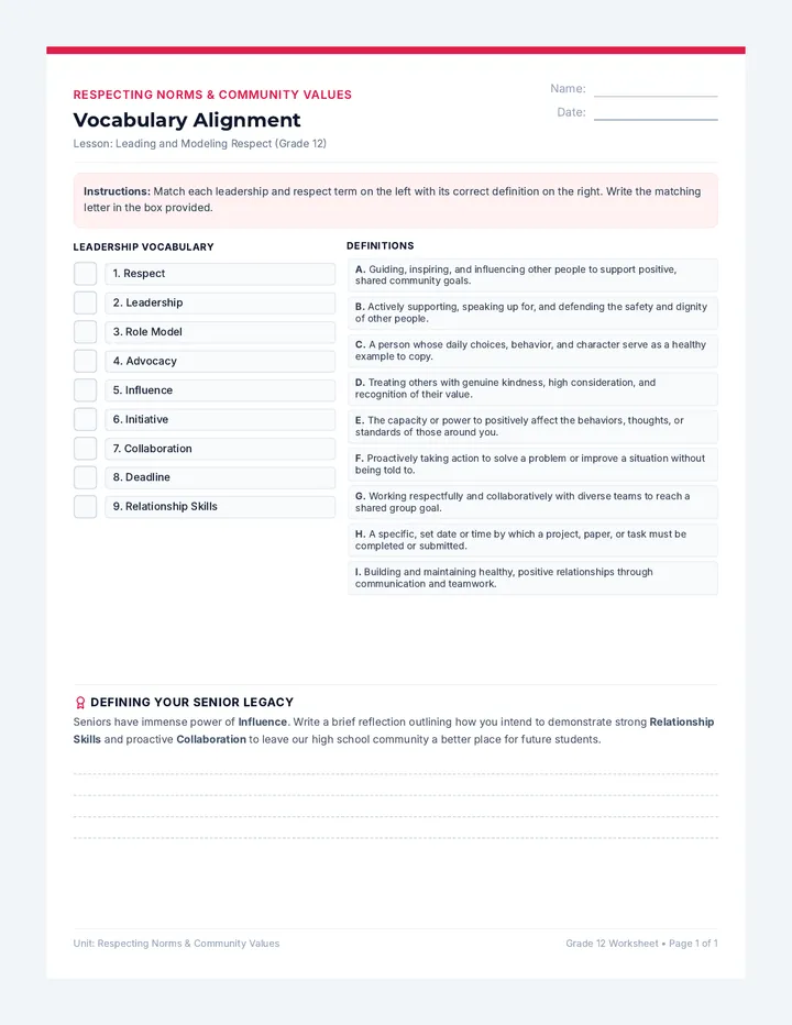 Leading and Modeling Respect Vocabulary Worksheet