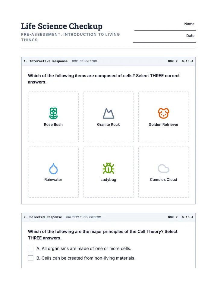 Life Science Checkup Worksheet