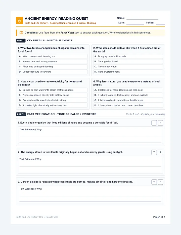 Ancient Energy Reading Worksheet