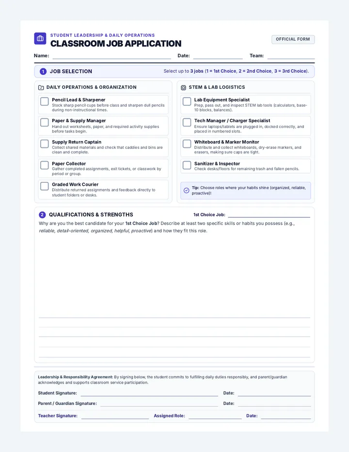 Classroom Job Application Form