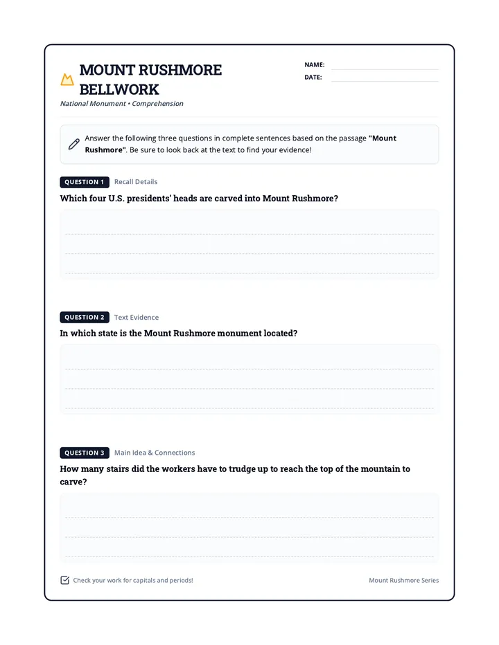 Mount Rushmore Bellwork Worksheet