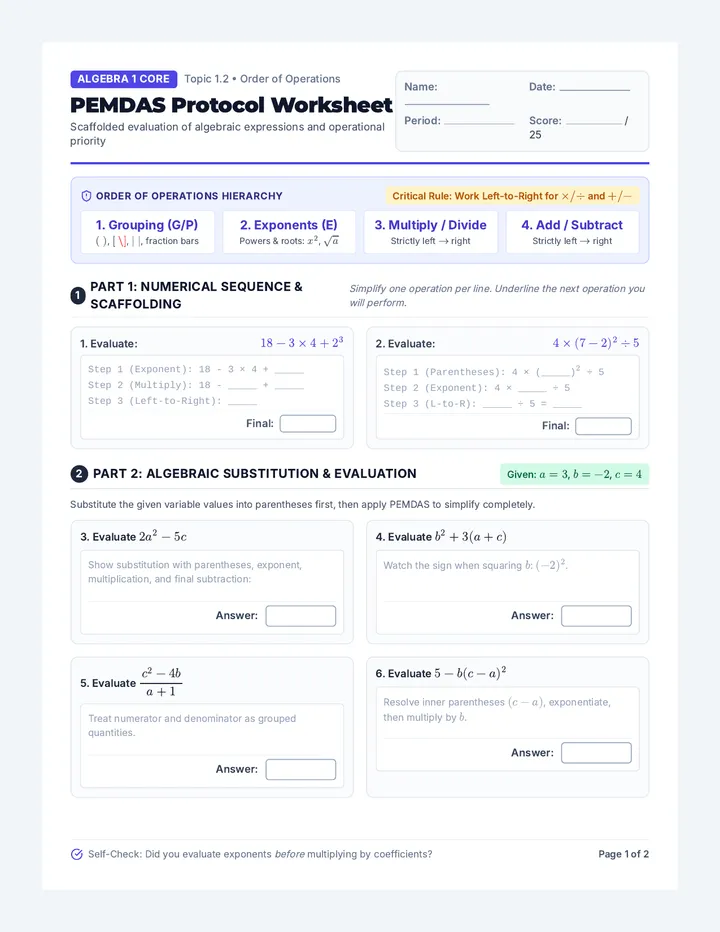 PEMDAS Protocol Worksheet