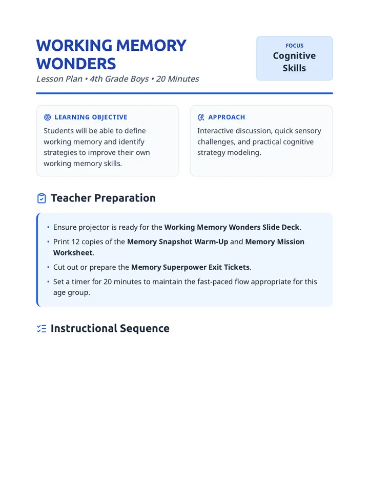 Working Memory Wonders Lesson Plan