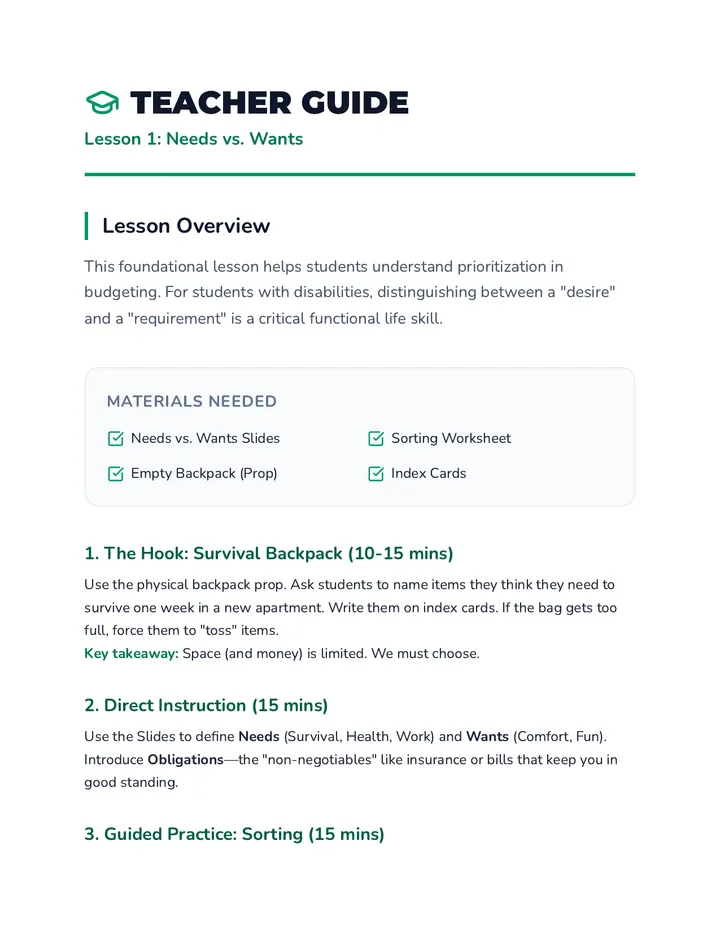 Needs vs Wants Teacher Guide