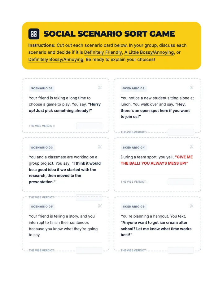 Social Scenario Sort Game Cards