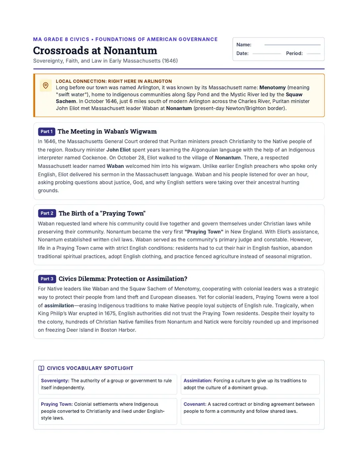 Nonantum Crossroads Worksheet
